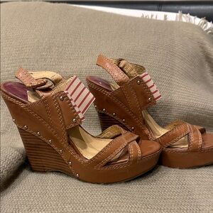 Gianni Bini Tan Wedge Sandals with Striped Accent